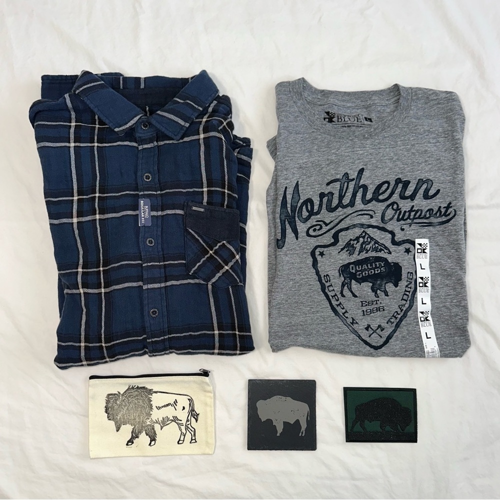 Buffalo Bundle.  Buffalo brand Blue Plaid Shirt and Gray Buffalo Graphic T shirt